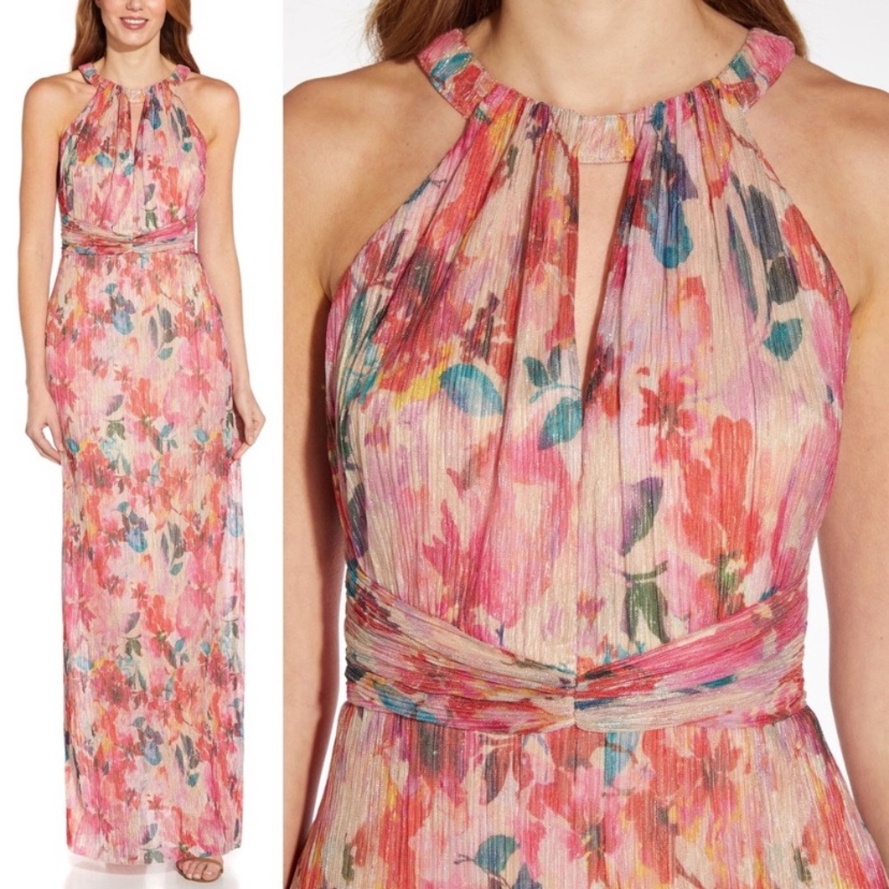 Adrianna Papell Floral Metallic Pleated Halter Gown NWT Size 18